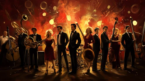 Elegant jazz ensemble glowing in a fiery, golden spotlight.
