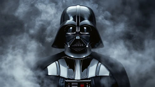 Black armored helmeted figure in dense drifting smoke.