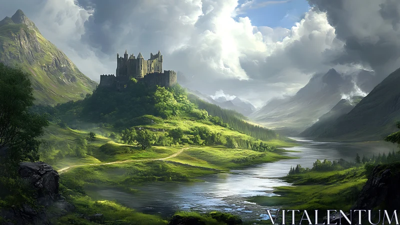 Digital painting of highland castle above luminous river valley.