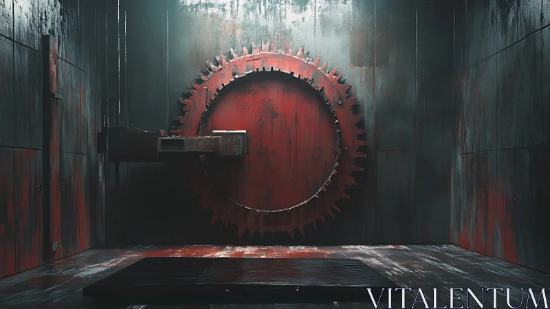 Rusted industrial gear wall dominates dark steel chamber.