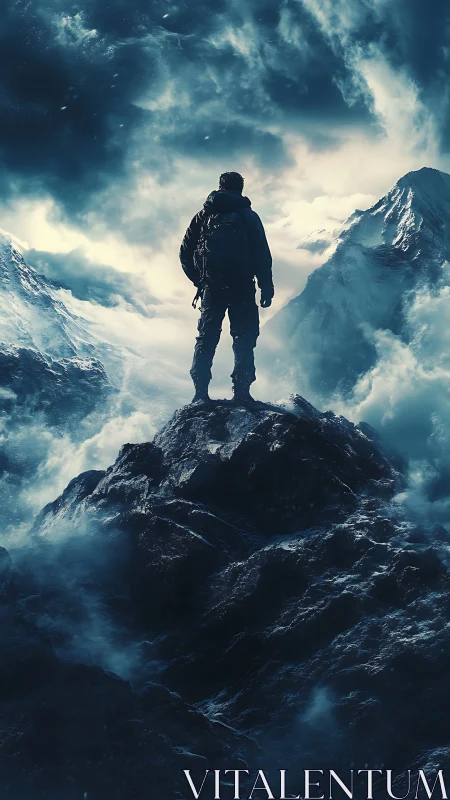 Solitary climber stands on icy mountain ridge amid storm