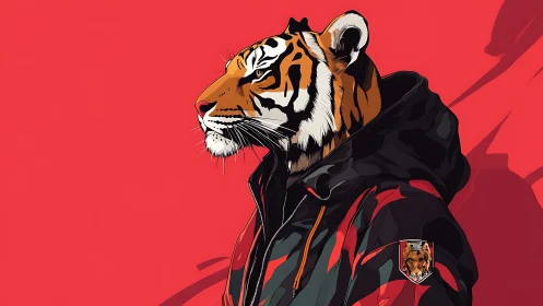 Tiger in hooded jacket against flat red background.
