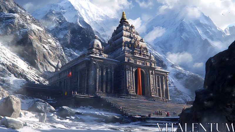 Granite temple complex nested in glaciated alpine ravine.