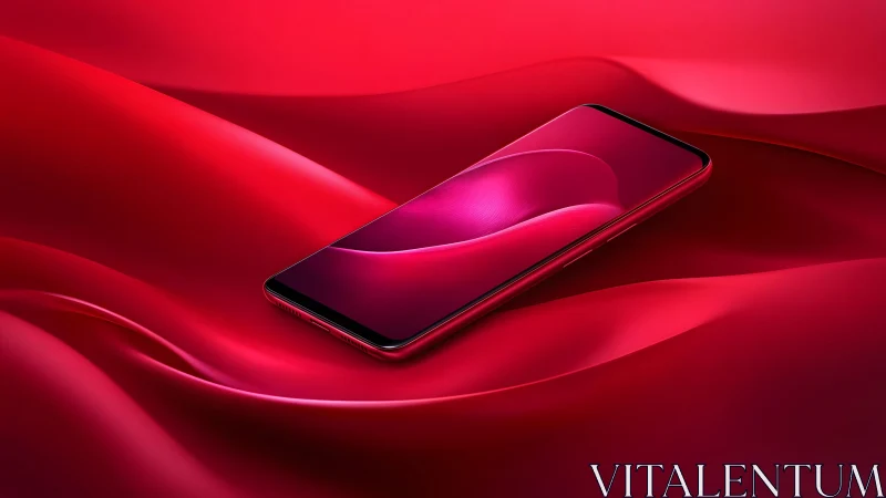 Sleek modern smartphone on vibrant red satin background, digital art. Sleek modern smartphone on vibrant red satin background, digital art.