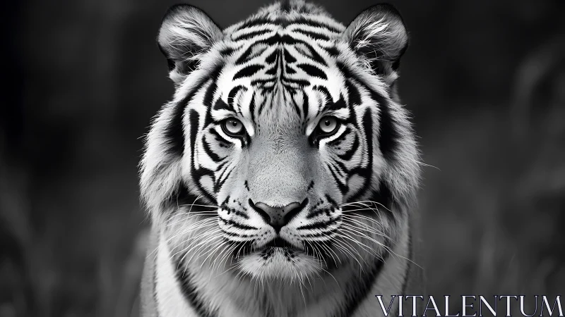 Monochrome frontal tiger portrait isolates symmetrical facial pattern