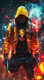 Hooded cyberpunk gunman stands in glowing embers and smoke