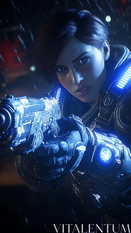 Cinematic 3D portrait of armored sci-fi operative in rainstorm.