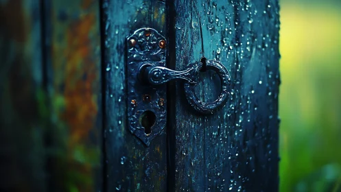 Rain-kissed old door handle opening into soft green light.