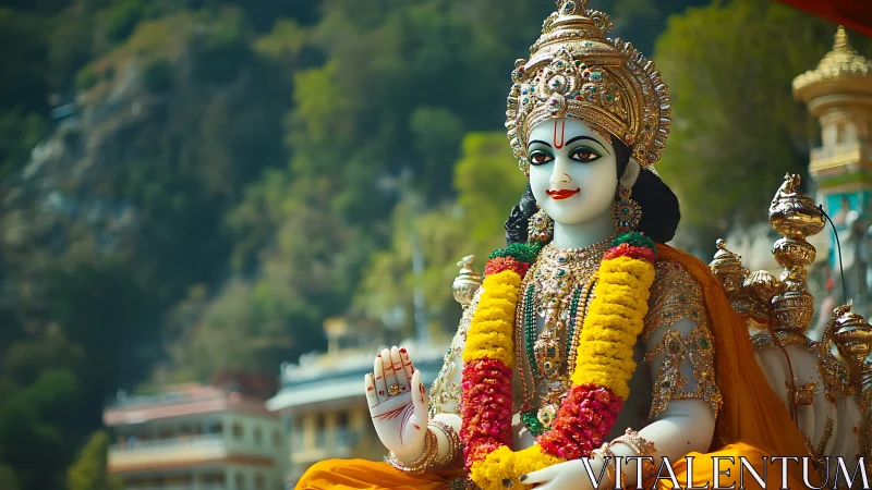 Photorealistic Hindu deity statue with ornate garlands composition.