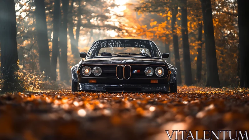Classic BMW coupe front view on misty autumn forest road