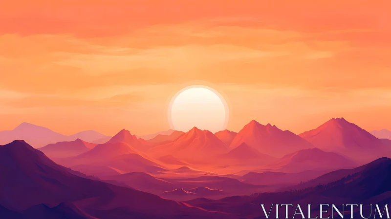 Sun rolls softly over molten-peach mountain waves at dusk