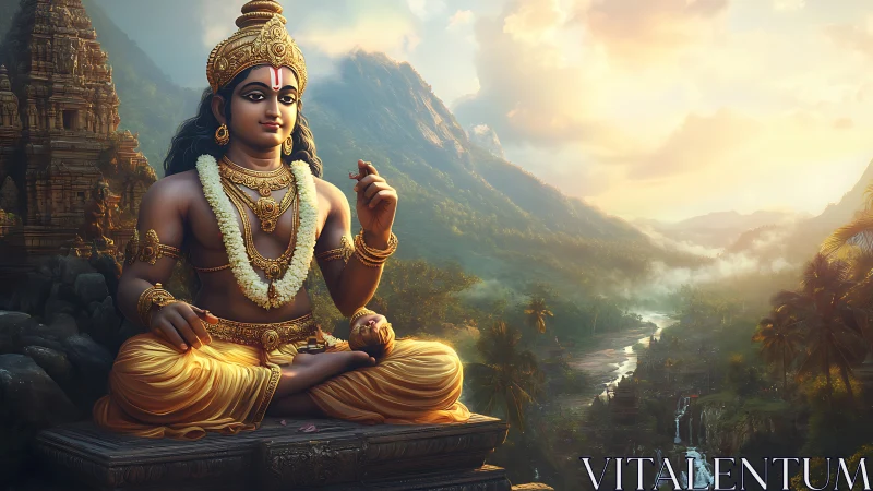 Divine child deity sculpture in luminous mountain valley landscape