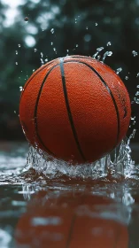 Wet basketball splashing on outdoor court puddle surface.
