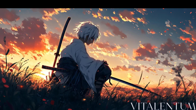 Solitary white-haired swordsman in burning sunset field.