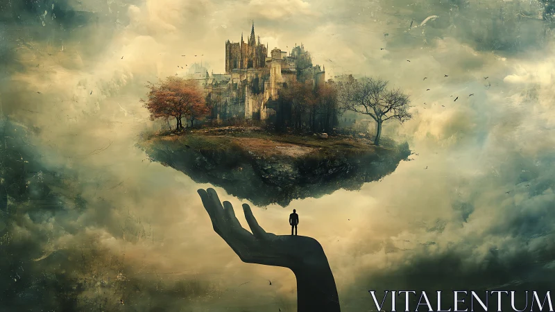 Mystical floating castle gently rests in a guardian hand