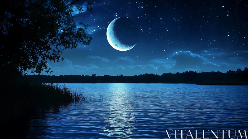 Crescent moon above calm lake under starry night sky.