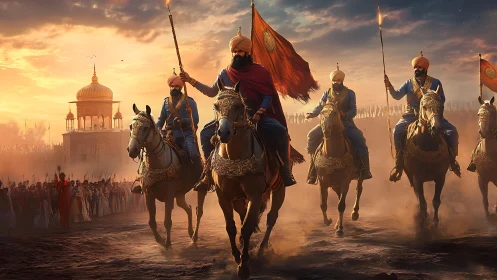 Gallant riders in saffron light leading a proud procession.