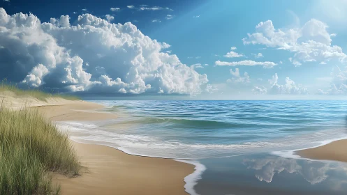 Coastal shoreline under cumulus buildup with reflective wet sand