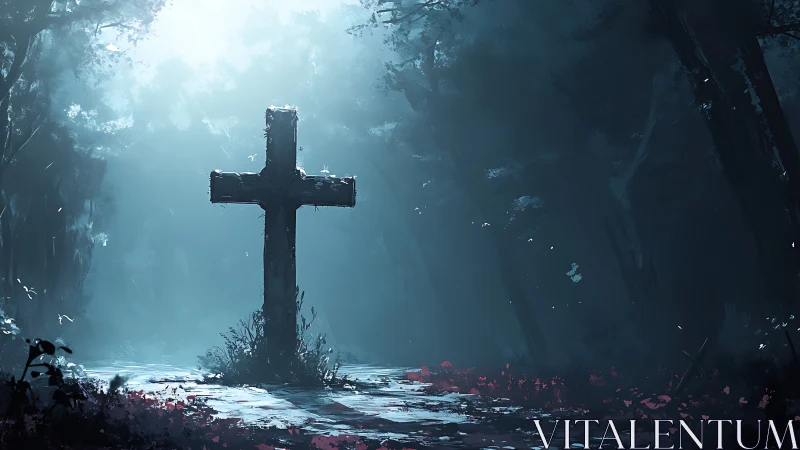 Mossy stone grave cross in misty backlit forest clearing