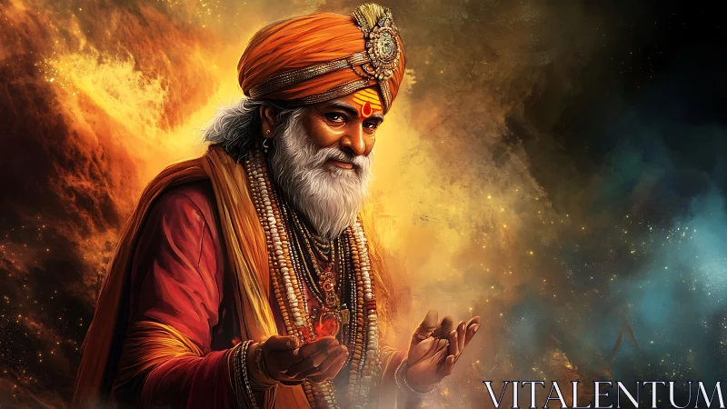 Gentle spiritual elder glows in warm, mystical light