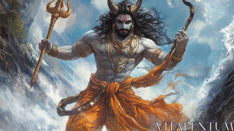 Horned warrior god stands in turbulent ocean with weapons