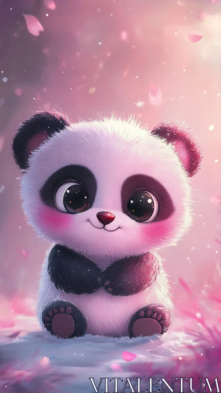 Digital painting of kawaii panda in soft pink bokeh field.