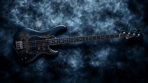 Electric bass guitar on dark textured studio backdrop.
