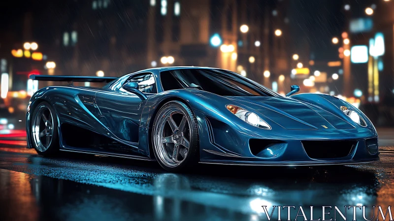Midnight blue hypercar prowls neon-soaked city streets.