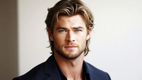 Confident blue-eyed man gazes forward in soft studio light