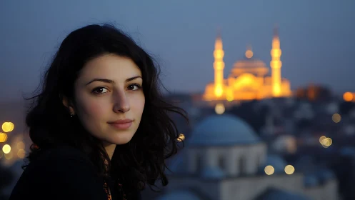 Soft evening portrait against glowing city skyline.