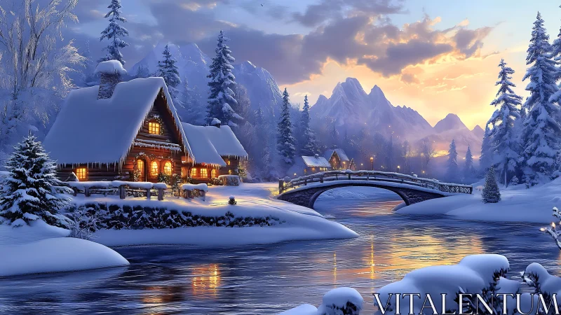 Snow covered cabin and bridge in quiet winter valley at dusk.