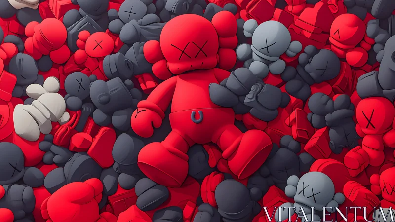 Red vinyl figure swarm with monochrome toy clustering field.