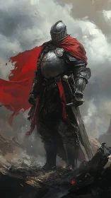 Armored knight stands amid storm clouds and burning ruins.