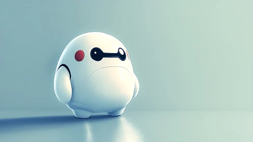 3D minimalist robot character on glossy cyan backdrop.