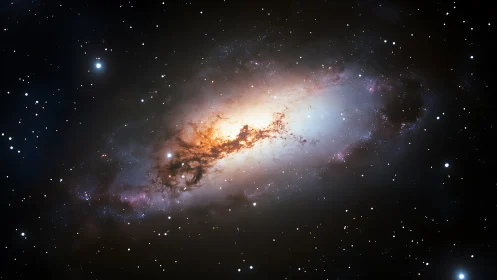 Central starburst galaxy with dust lanes and field stars.