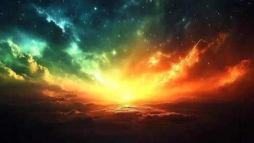Cosmic sunrise igniting clouds beneath a vivid nebula sky.