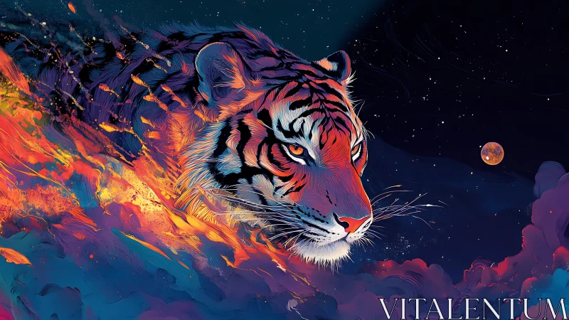 Cosmic tiger head emerging through blazing neon clouds.