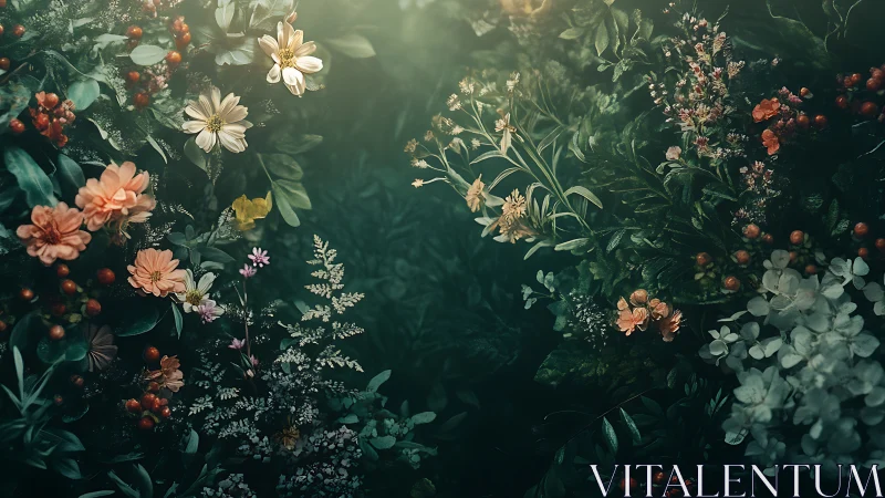 Layered floral composition with mixed botanical elements and tonal depth variations.