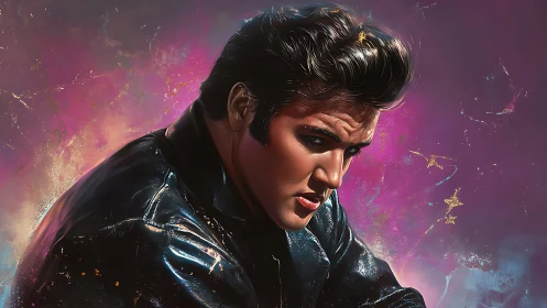 Brooding rock singer in leather against neon cosmic haze