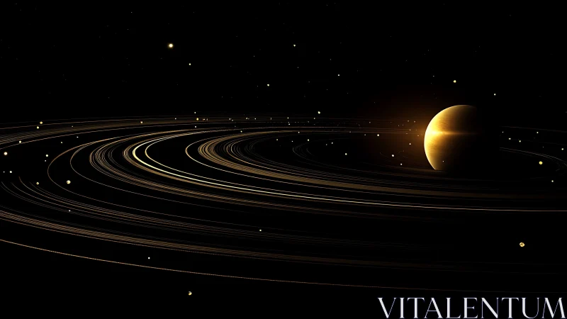 Luminous ringed planet emerging from deep cosmic shadow.