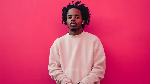 Portrait of young man in pastel sweatshirt on magenta wall.