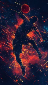 Electric leap: vibrant basketball dunk in neon fire.
