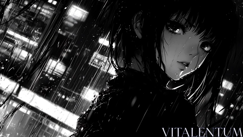 Monochrome anime portrait shows figure in rain at night