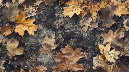 Crisp autumn oak leaves scattered on textured forest floor.