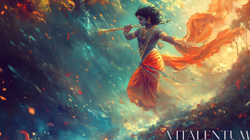 Divine figure with flute amid swirling orange and teal clouds.