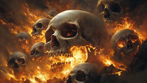 Burning skulls emerging from dense inferno flames.