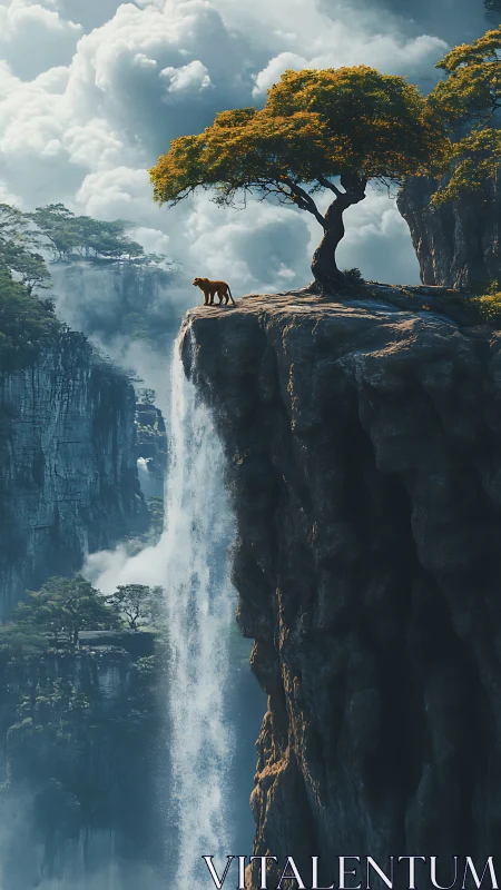 Lion perched on dramatic cliff edge overlooking canyon waterfall.