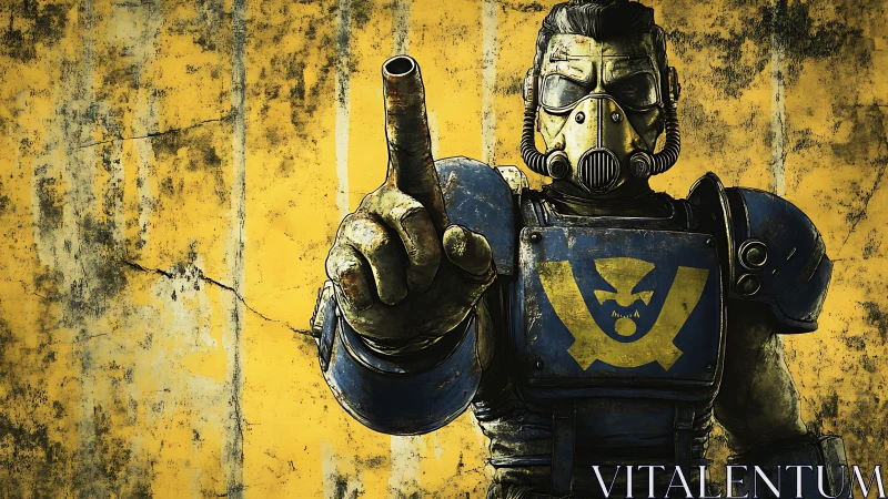 Armored figure with respirator pointing against yellow wall.