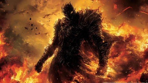 Armored shadow warrior emerges from infernal firestorm