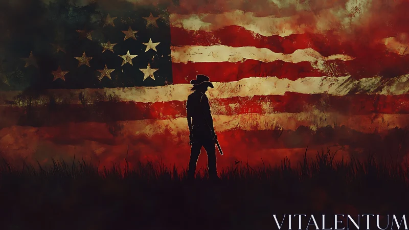 Lone cowboy silhouette walks before a weathered US flag.